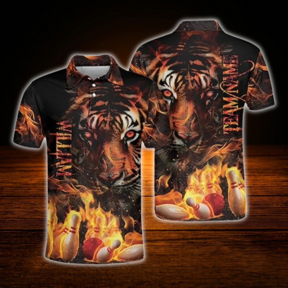 Custom Tiger Flame Bowling Polo Shirts Mens, Custom Tiger Team Bowling Shirts