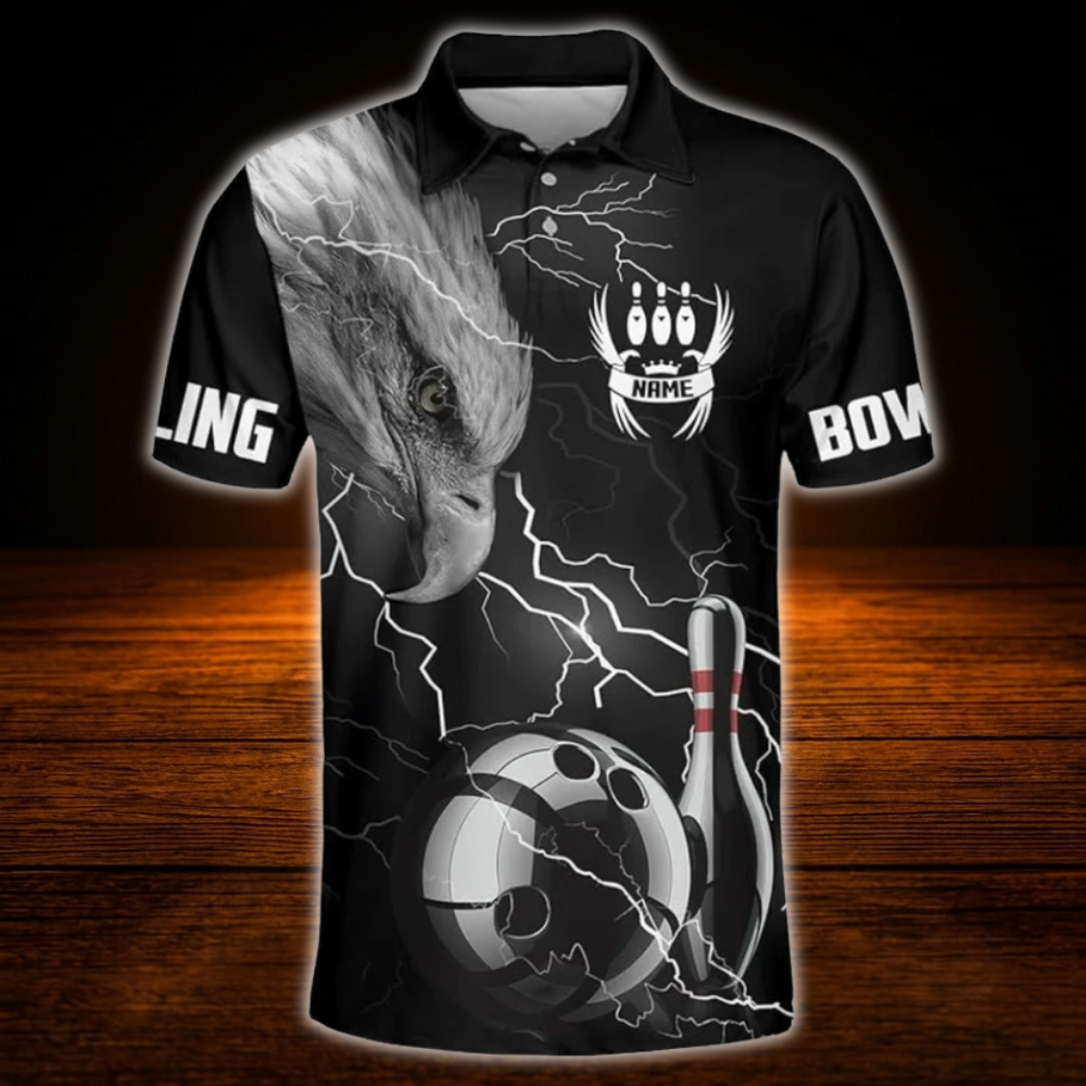 Custom Eagles Thunder Black And White Bowling Polo Shirts For Men, Custom Eagles Bowling Team Shirts