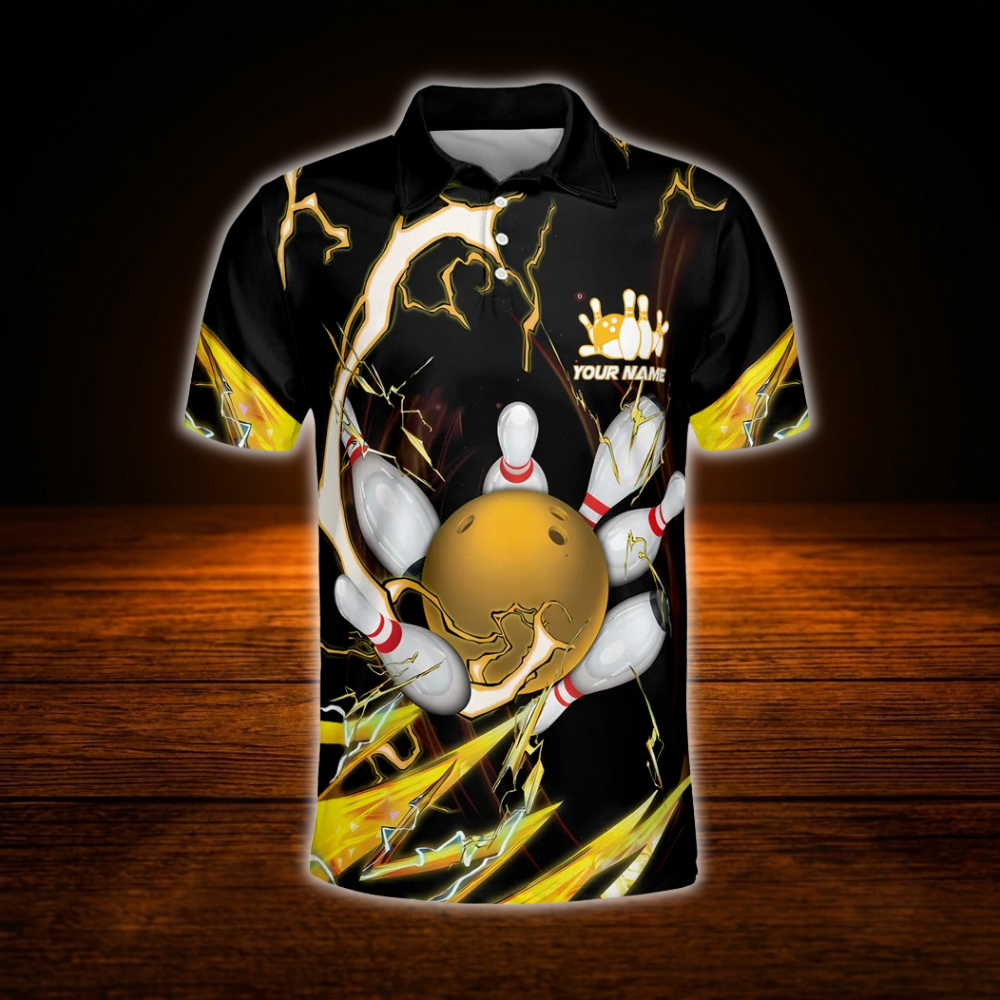 Yellow Thunder Custom Bowling Mens Polo Shirts, Custom Thunder Bowling Team Shirts