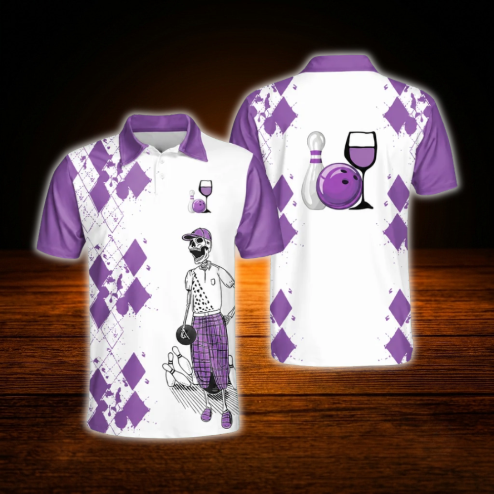 Bowling And Wine That's Why I'm Here Custom Wine Skull Yellow Bowling Shirts Men, Custom Funny Wine Bowling Team Shirts