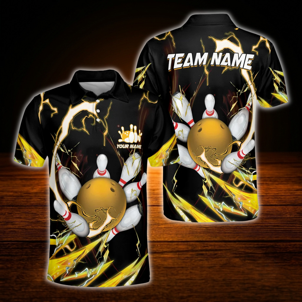 Yellow Thunder Custom Bowling Mens Polo Shirts, Custom Thunder Bowling Team Shirts