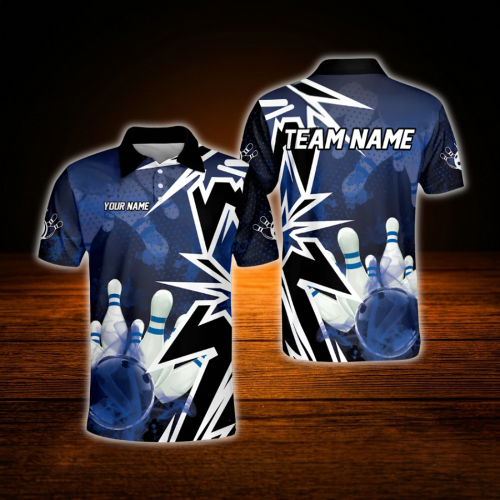 Custom Team Blue Mens Bowling Polo Shirts, Custom Bowling Shirts