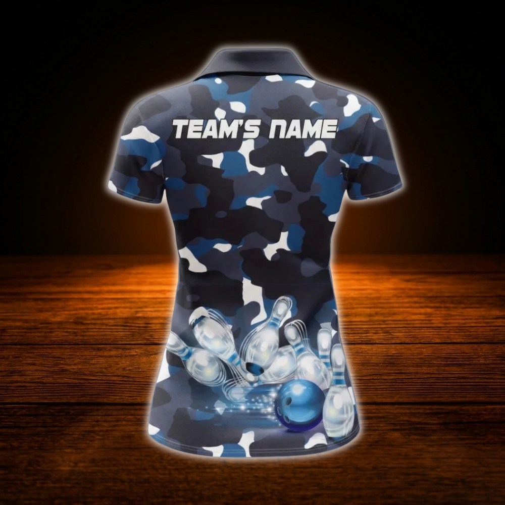 Custom Camo Blue Bowling Polo Shirts For Women, Custom Camo Bowling Team Shirts For Ladies