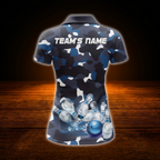 Custom Camo Blue Bowling Polo Shirts For Women, Custom Camo Bowling Team Shirts For Ladies