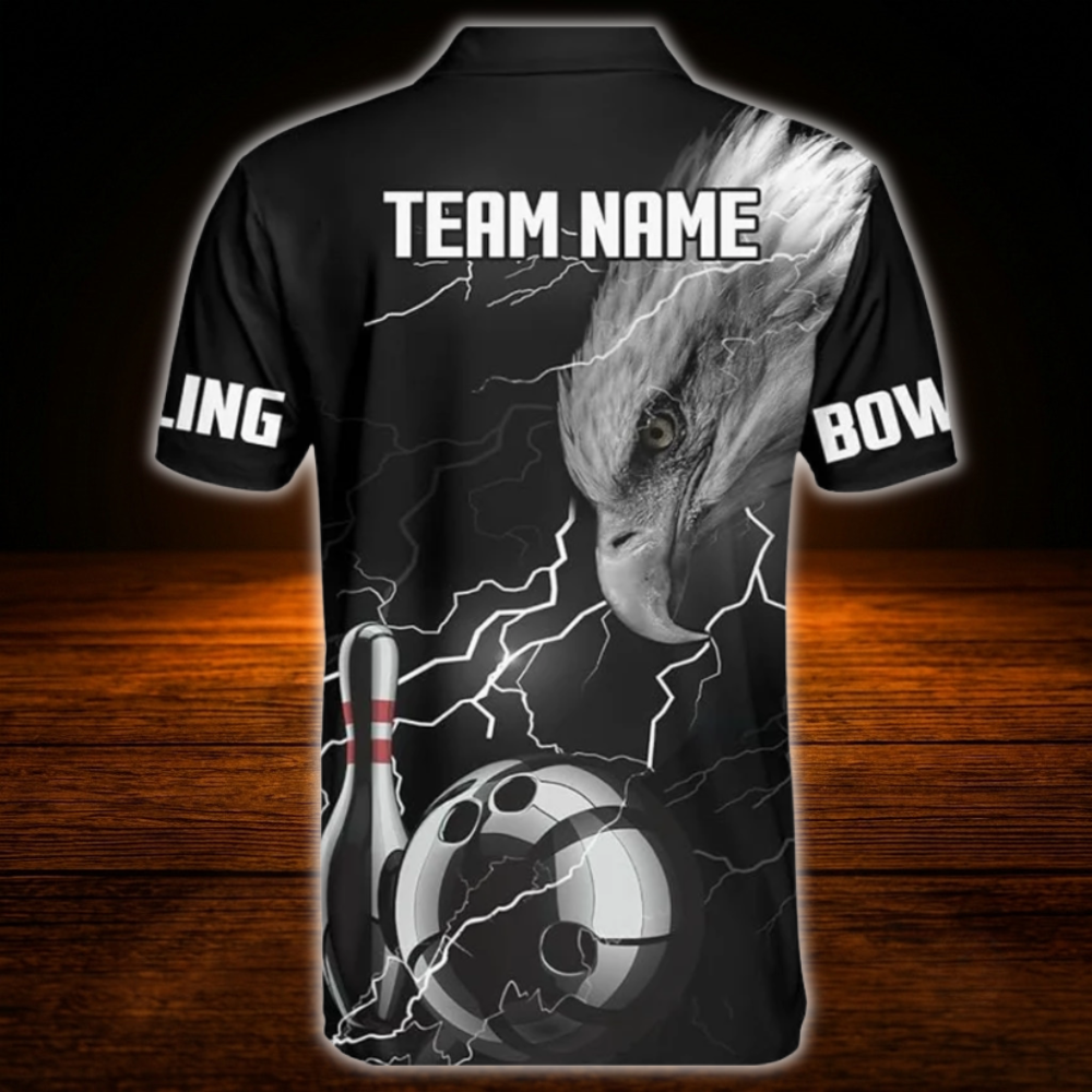 Custom Eagles Thunder Black And White Bowling Polo Shirts For Men, Custom Eagles Bowling Team Shirts