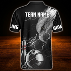 Custom Eagles Thunder Black And White Bowling Polo Shirts For Men, Custom Eagles Bowling Team Shirts