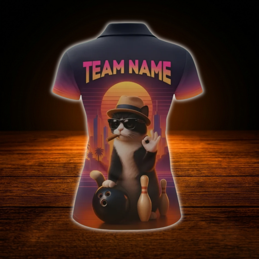 Custom Cat Funny Bowling Polo Shirts For Women, Custom Cat Bowling Team Shirts For Ladies