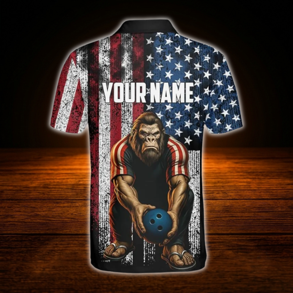 Custom Bigfoot American Flag Bowling Polo Shirts Mens, Custom Bigfoot Bowling Team Shirts
