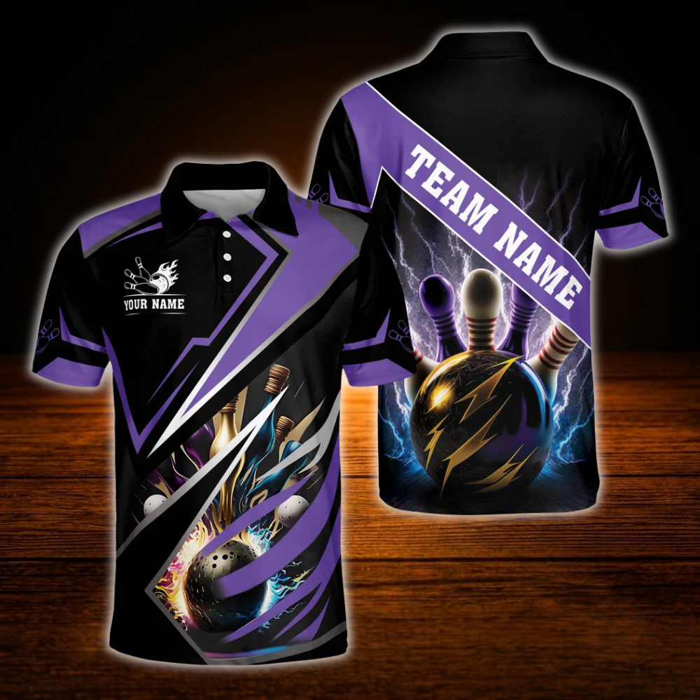Custom Team Purple And Black Bowling Shirts For Men, Custom Bowling Team Shirts