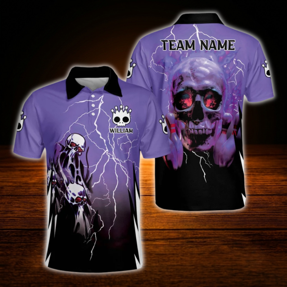 Custom Skull Red And Black Thunder Bowling Polo Shirts For Men, Custom Skull Bowling Team Shirts
