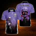 Custom Skull Red And Black Thunder Bowling Polo Shirts For Men, Custom Skull Bowling Team Shirts