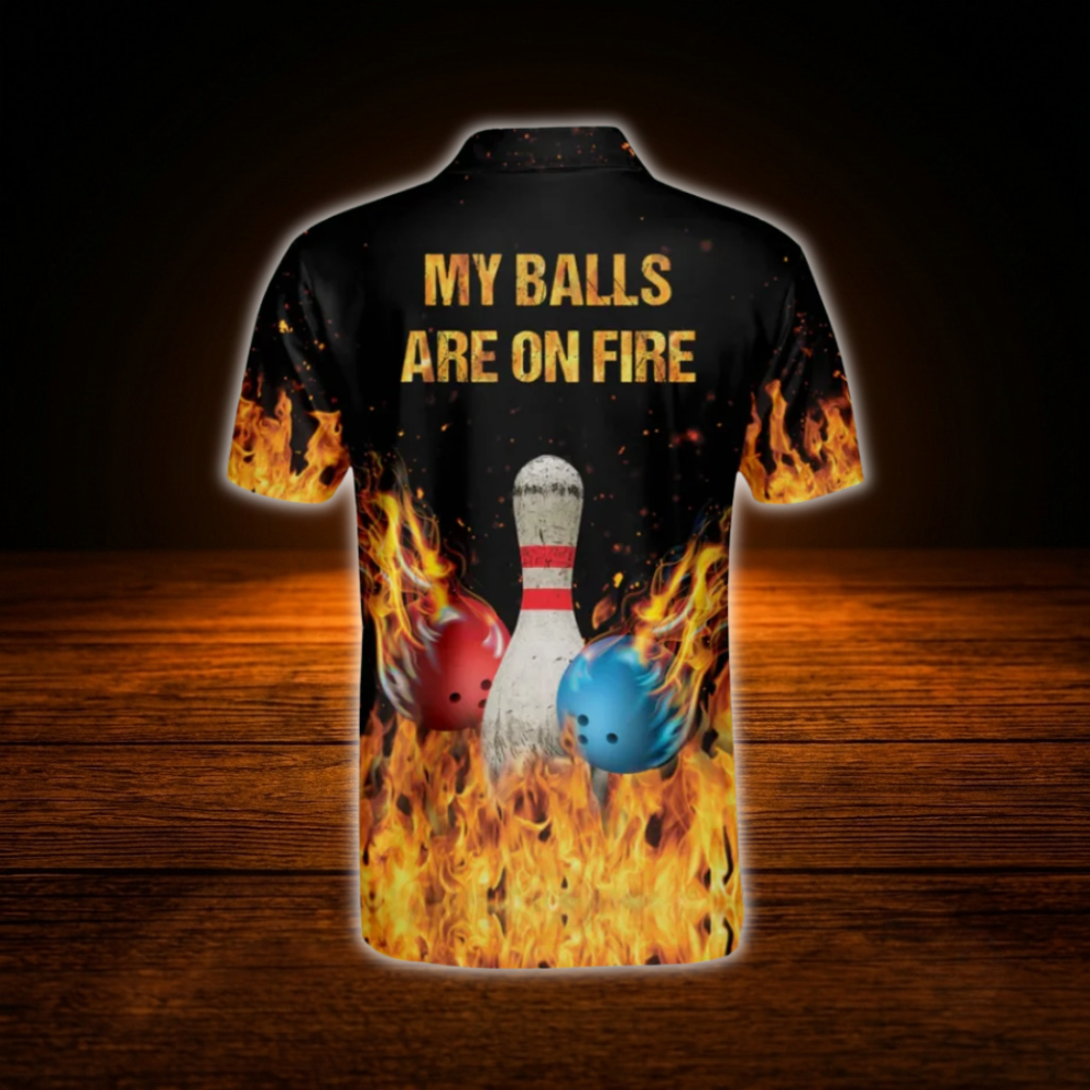 Custom My Balls Are On Fire Bowling Polo Shirts Mens, Custom Funny Flame Bowling Shirts