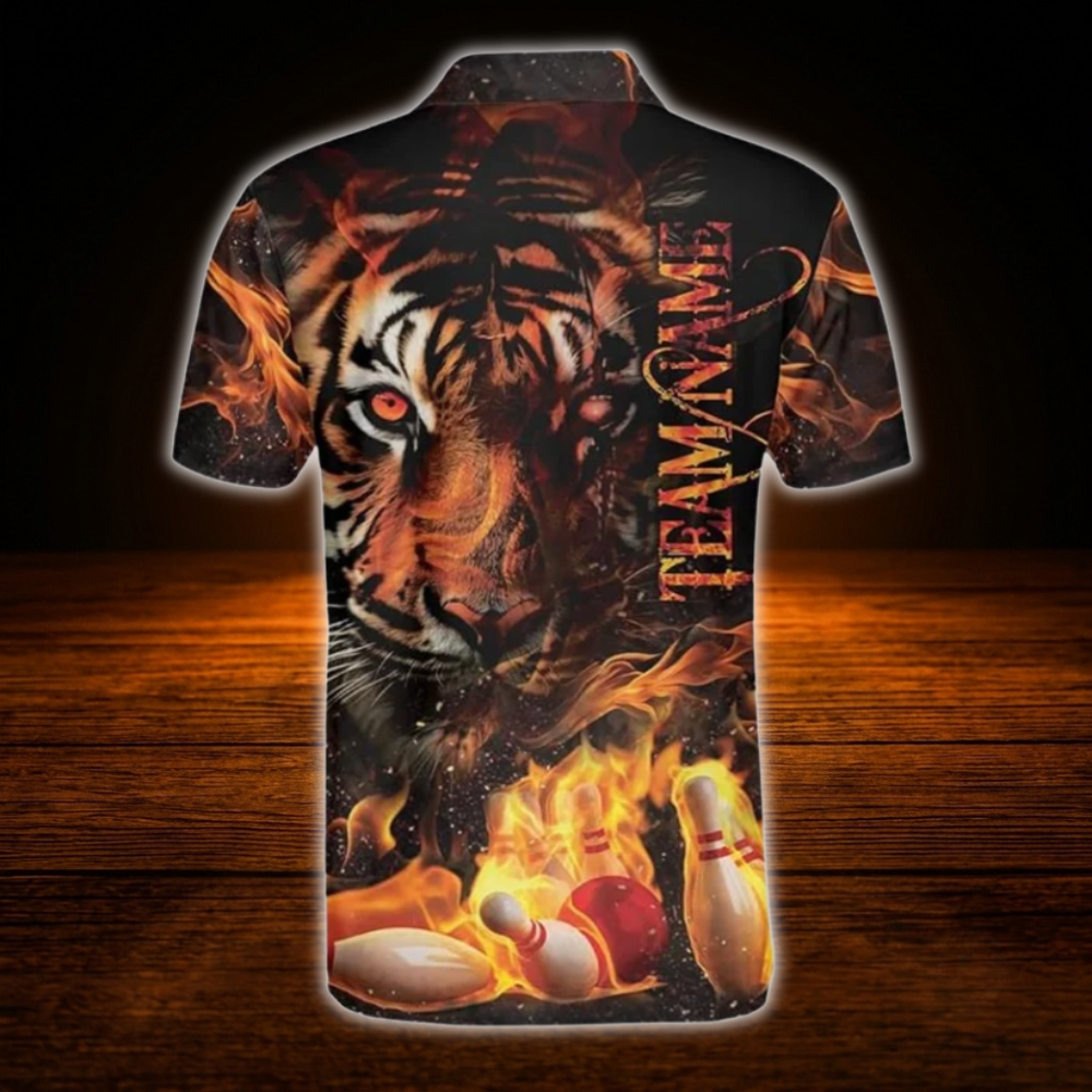 Custom Tiger Flame Bowling Polo Shirts Mens, Custom Tiger Team Bowling Shirts