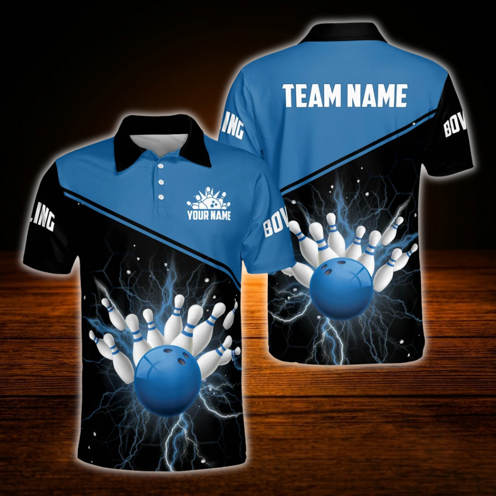 Custom Team Thunder Red Black Bowling Polo Shirts Men, Custom Bowling Team Shirts