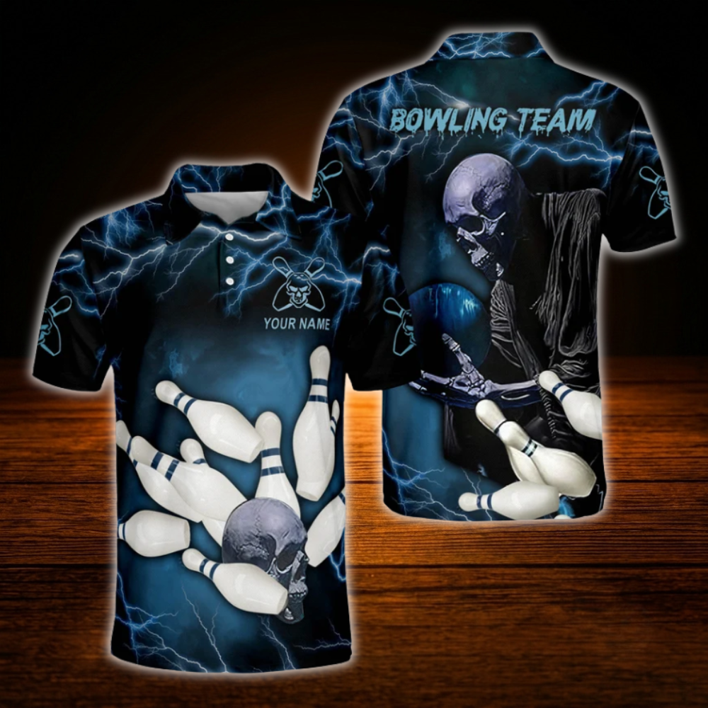 Custom Skull Thunder Blue And Black Bowling Polo Shirts For Men, Custom Skull Bowling Team Shirts