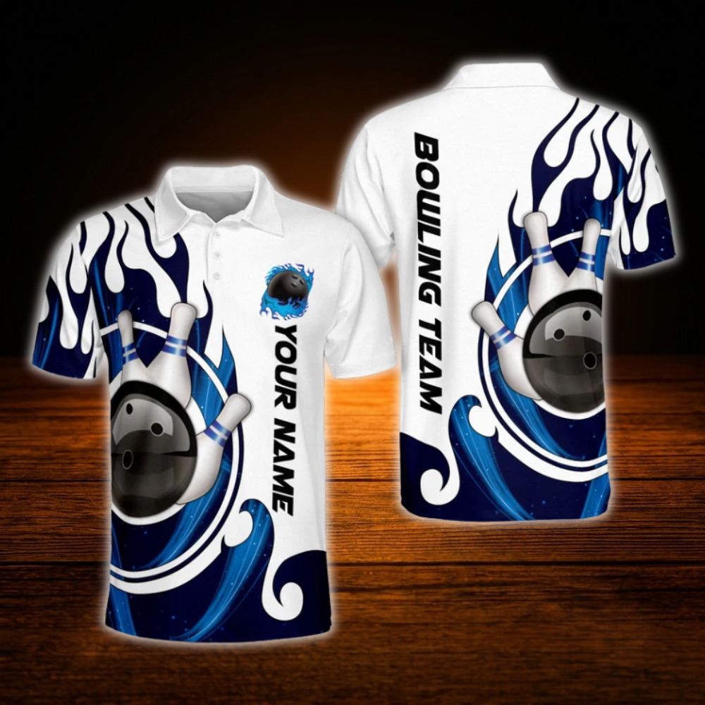 Custom Flame Blue And White Bowling Polo Shirt Mens, Custom Flame Bowling Team Shirts