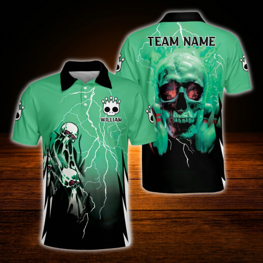 Custom Skull Red And Black Thunder Bowling Polo Shirts For Men, Custom Skull Bowling Team Shirts