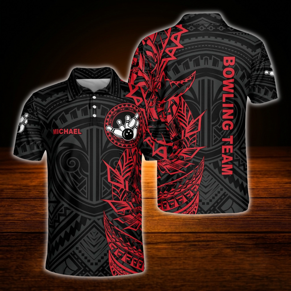 Custom Tribal Black And Red Bowling Polo Shirts For Men, Custom Tribal Bowling Team Shirts.