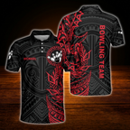 Custom Tribal Black And Red Bowling Polo Shirts For Men, Custom Tribal Bowling Team Shirts.
