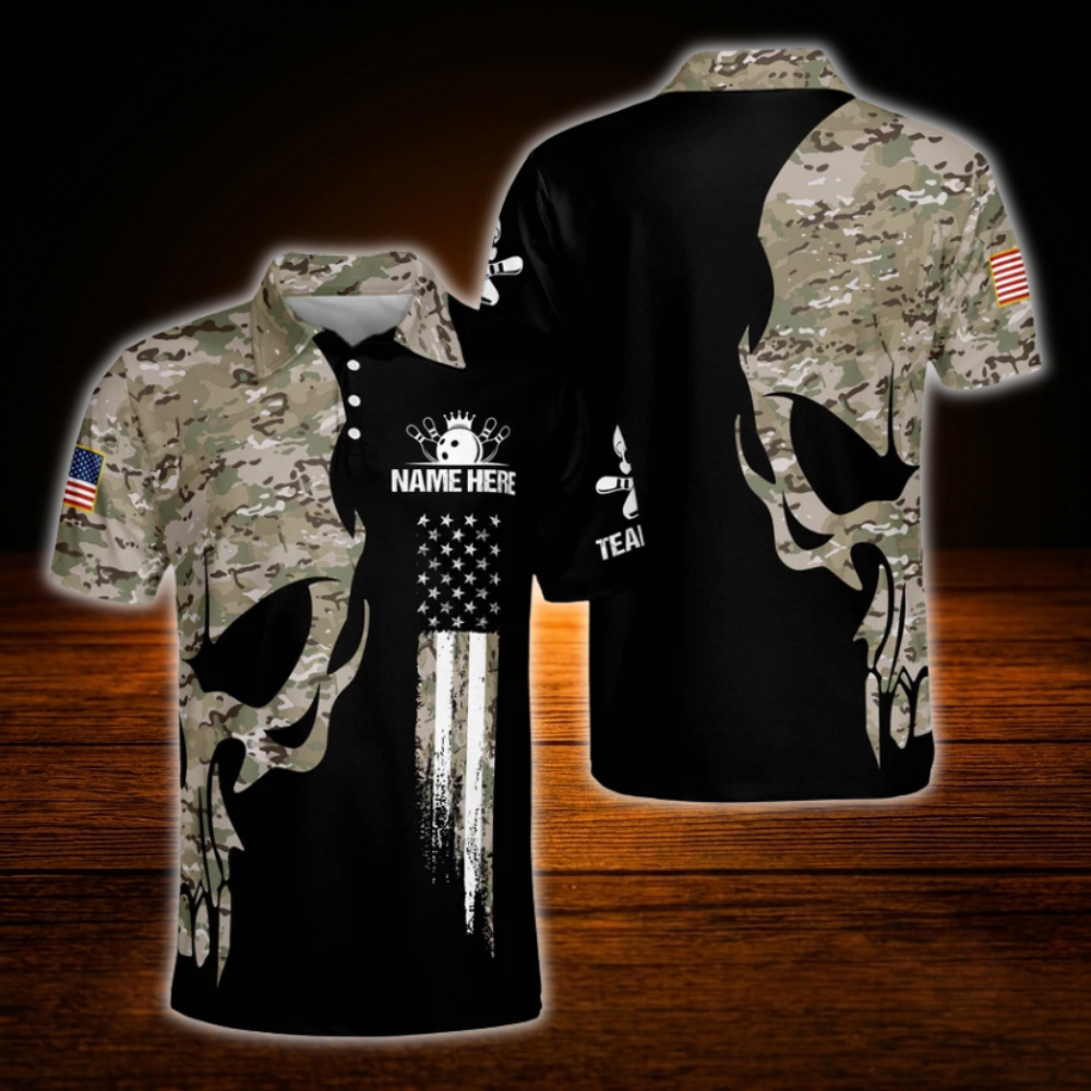 Custom Skull Camo Bowling Polo Shirts For Men, Custom Skull Bowling Team Shirts
