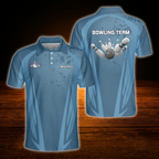 Custom Team Blue And White Mens Bowling Polo Shirts, Custom Team Bowling Shirts