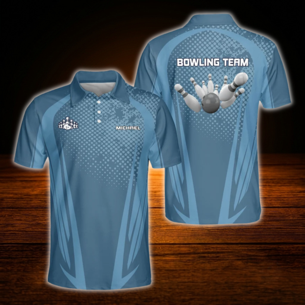 Custom Team Blue And White Mens Bowling Polo Shirts, Custom Team Bowling Shirts