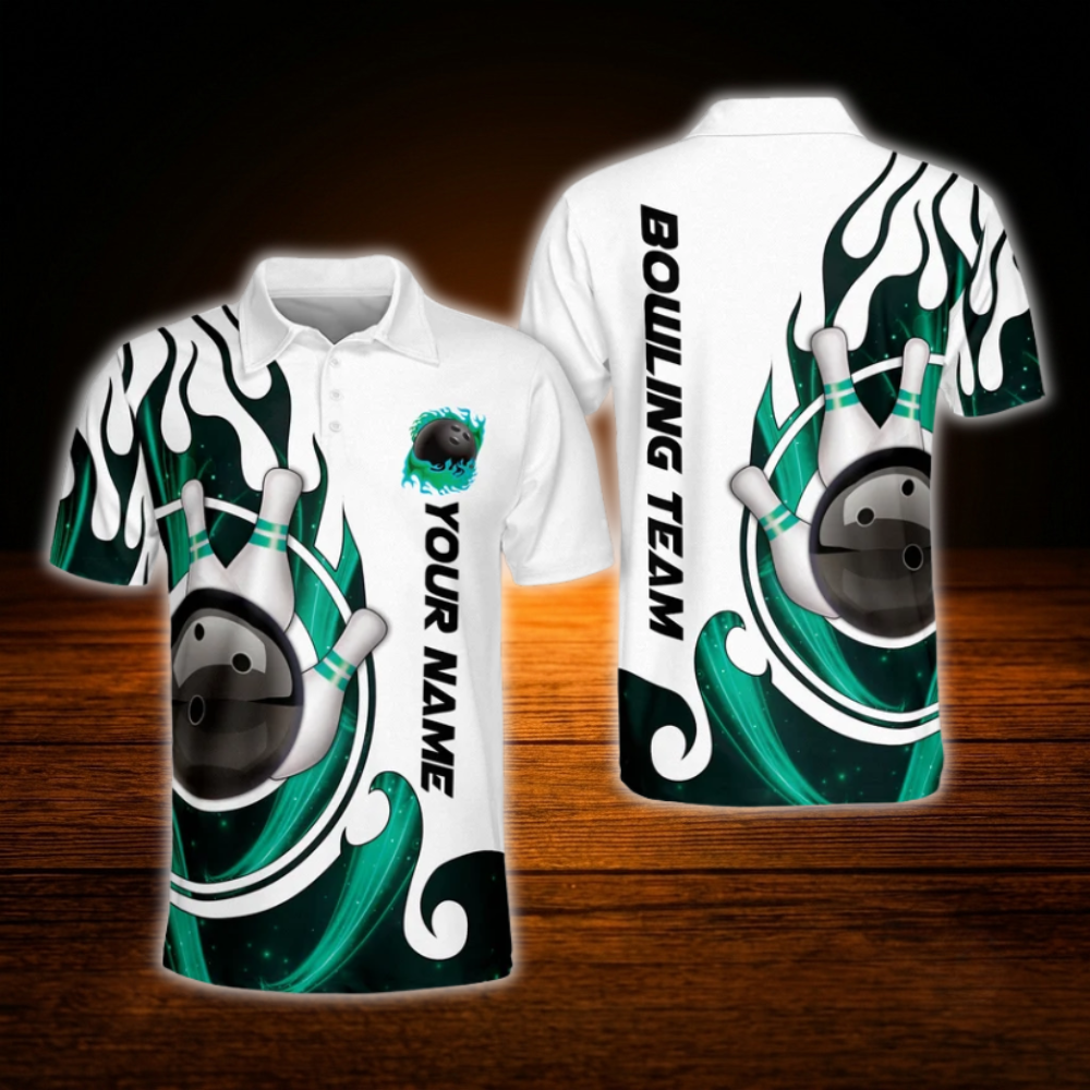 Custom Flame Blue And White Bowling Polo Shirt Mens, Custom Flame Bowling Team Shirts