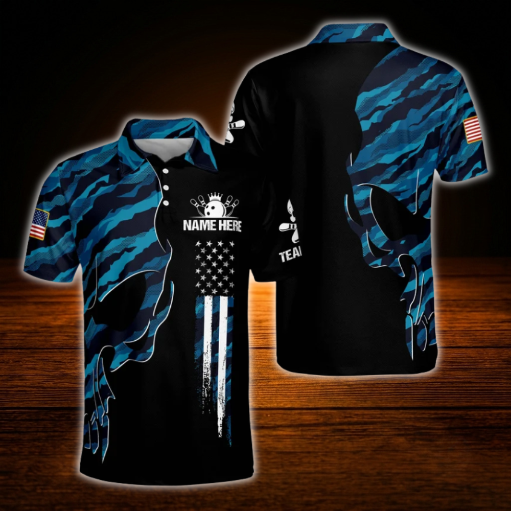 Custom Skull Camo Bowling Polo Shirts For Men, Custom Skull Bowling Team Shirts