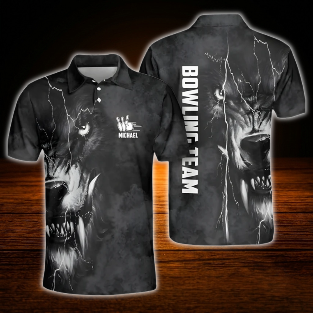 Custom Wolf Mens Black Bowling Polo Shirts, Custom Wolf Bowling Team Shirts
