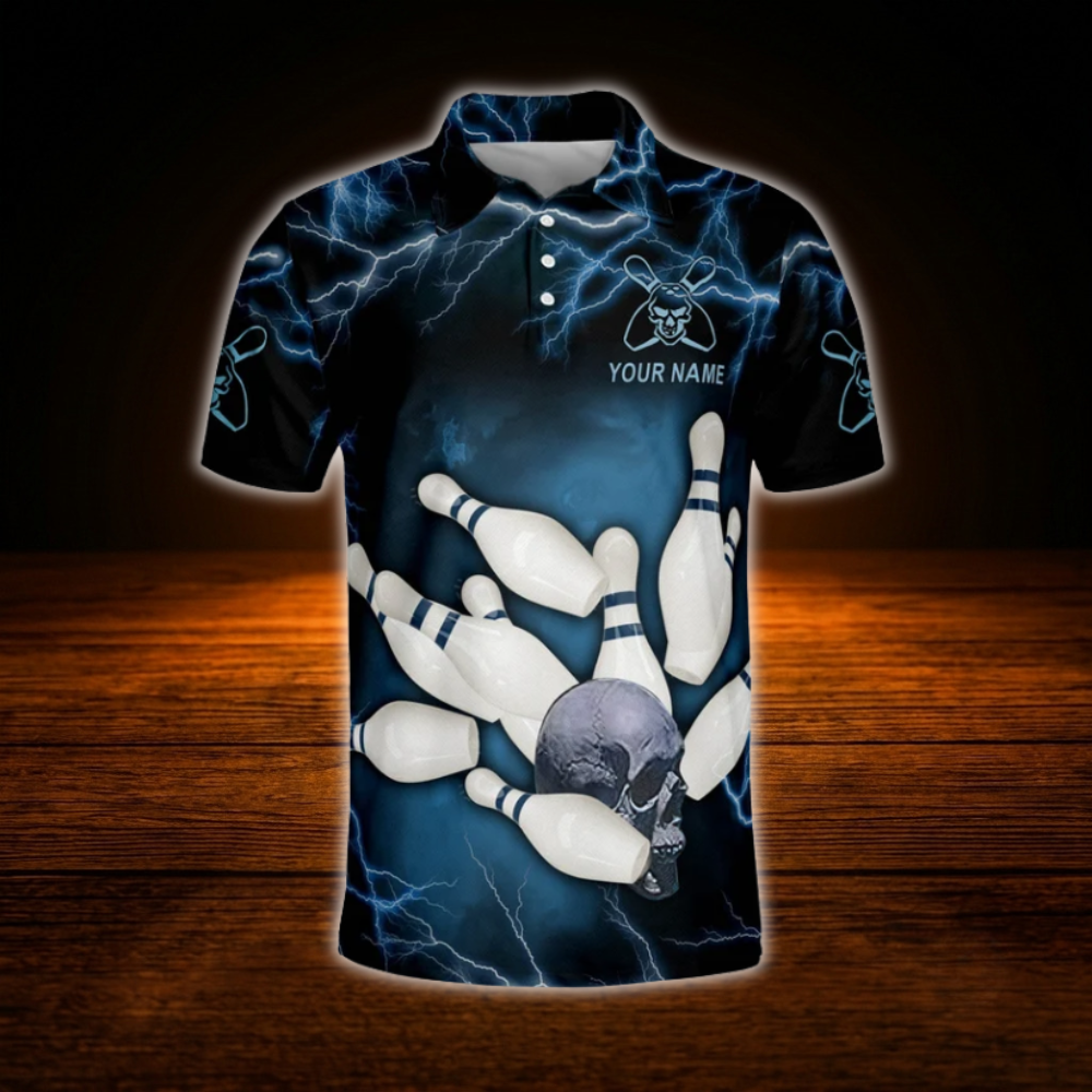 Custom Skull Thunder Blue And Black Bowling Polo Shirts For Men, Custom Skull Bowling Team Shirts