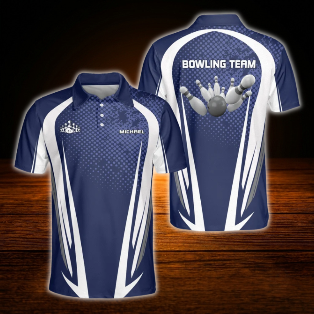 Custom Team Blue And White Mens Bowling Polo Shirts, Custom Team Bowling Shirts