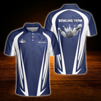 Custom Team Blue And White Mens Bowling Polo Shirts, Custom Team Bowling Shirts