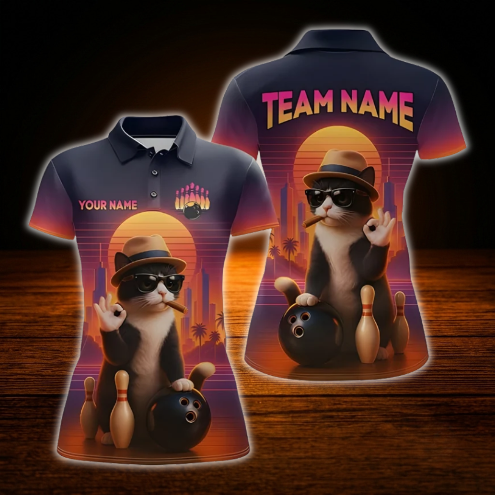Custom Cat Funny Bowling Polo Shirts For Women, Custom Cat Bowling Team Shirts For Ladies
