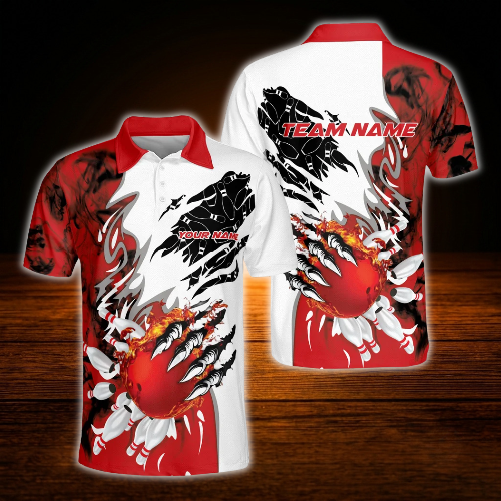 Custom Flame Ball Red White Bowling Polo Shirts Mens, Custom Flame Bowling Team Shirts
