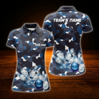 Custom Camo Blue Bowling Polo Shirts For Women, Custom Camo Bowling Team Shirts For Ladies