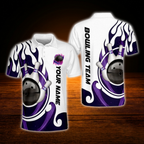 Custom Flame Blue And White Bowling Polo Shirt Mens, Custom Flame Bowling Team Shirts