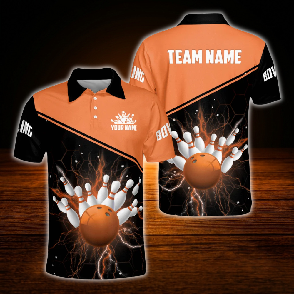 Custom Team Thunder Red Black Bowling Polo Shirts Men, Custom Bowling Team Shirts