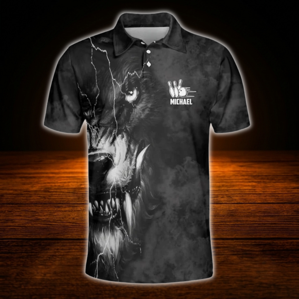 Custom Wolf Mens Black Bowling Polo Shirts, Custom Wolf Bowling Team Shirts