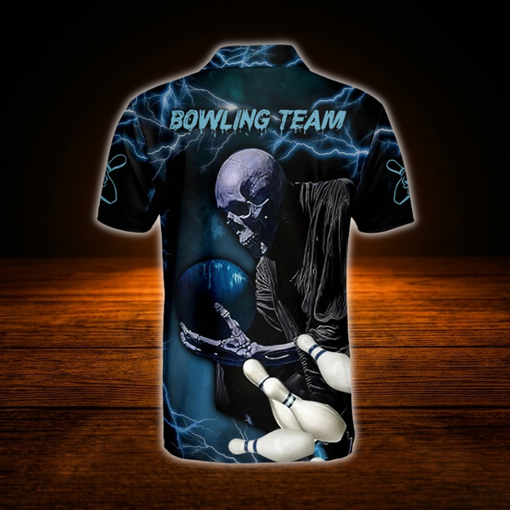 Custom Skull Thunder Blue And Black Bowling Polo Shirts For Men, Custom Skull Bowling Team Shirts