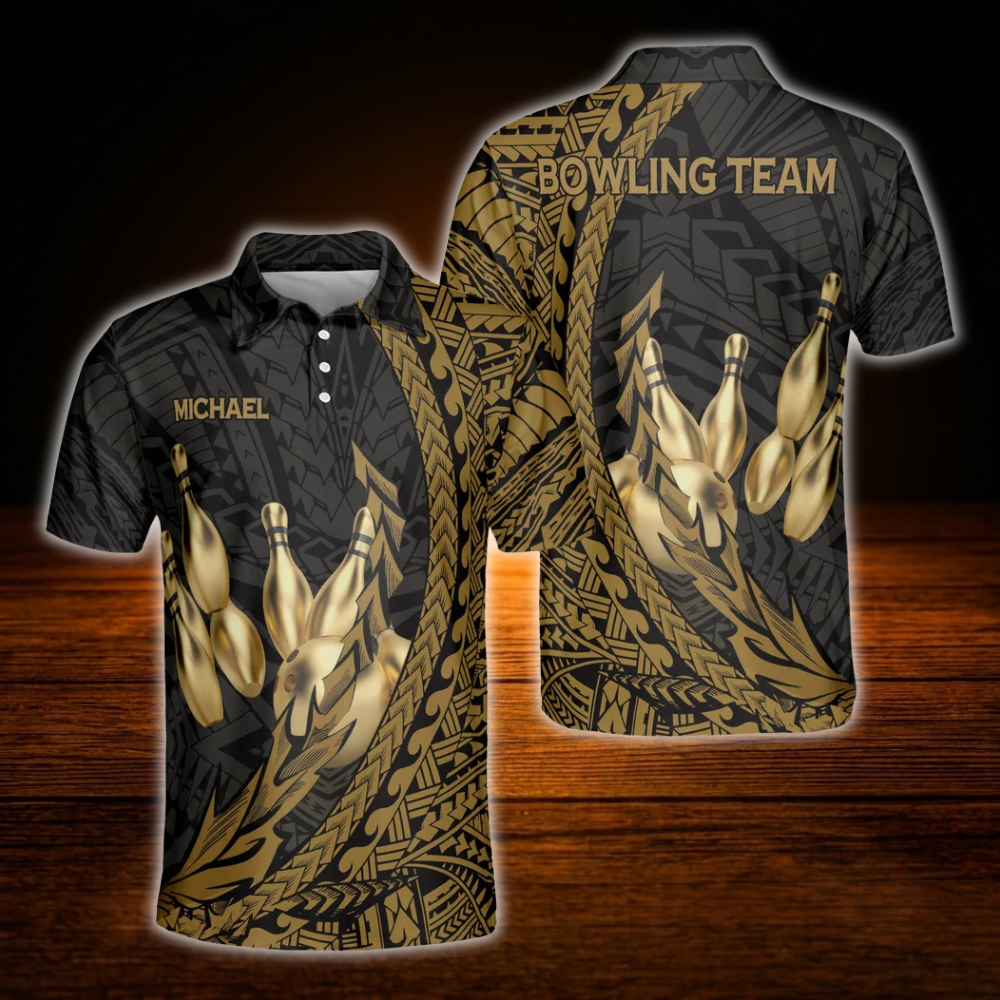 Custom Tribal Black And Gold Bowling Polo Shirts Mens, Custom Tribal Bowling Team Shirts.