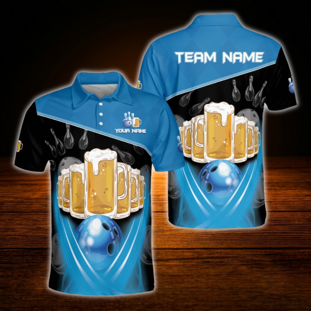 Beer Custom Blue And Black Bowling Polo Shirts For Men, Custom Beer Team Bowling Shirts