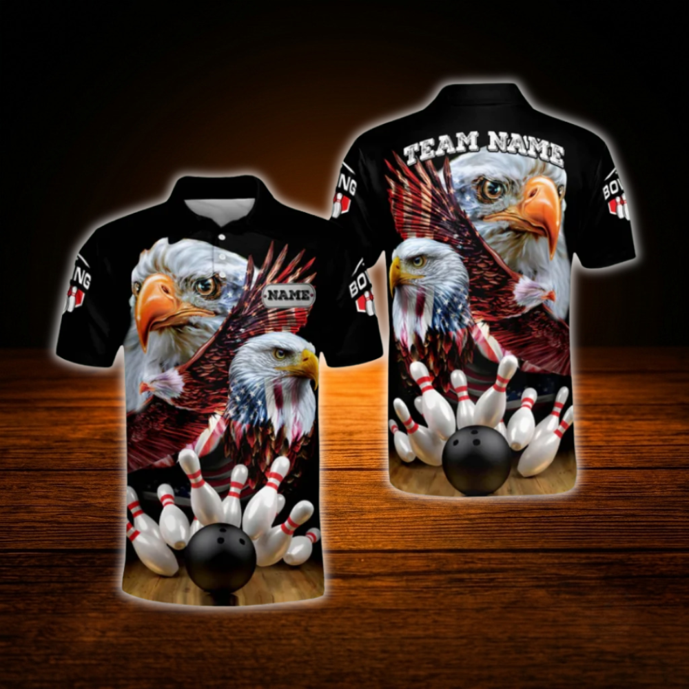 Custom Eagles American Flag Bowling Polo Shirts For Men, Custom Eagles Bowling Team Shirts