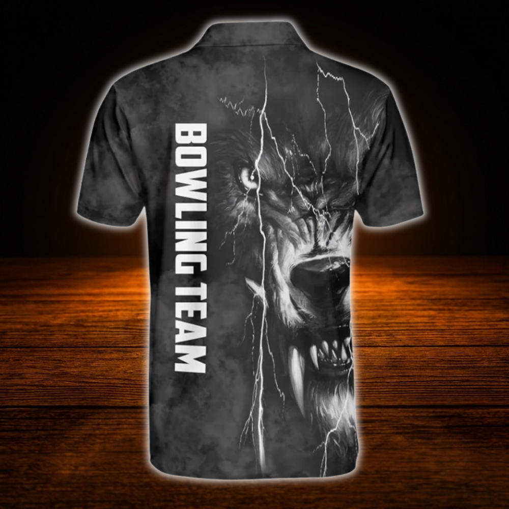 Custom Wolf Mens Black Bowling Polo Shirts, Custom Wolf Bowling Team Shirts
