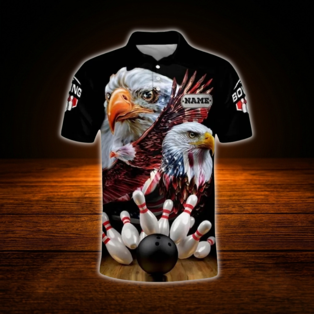 Custom Eagles American Flag Bowling Polo Shirts For Men, Custom Eagles Bowling Team Shirts