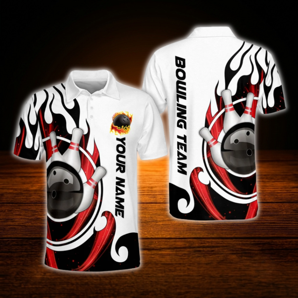 Custom Flame Blue And White Bowling Polo Shirt Mens, Custom Flame Bowling Team Shirts