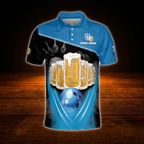 Beer Custom Blue And Black Bowling Polo Shirts For Men, Custom Beer Team Bowling Shirts