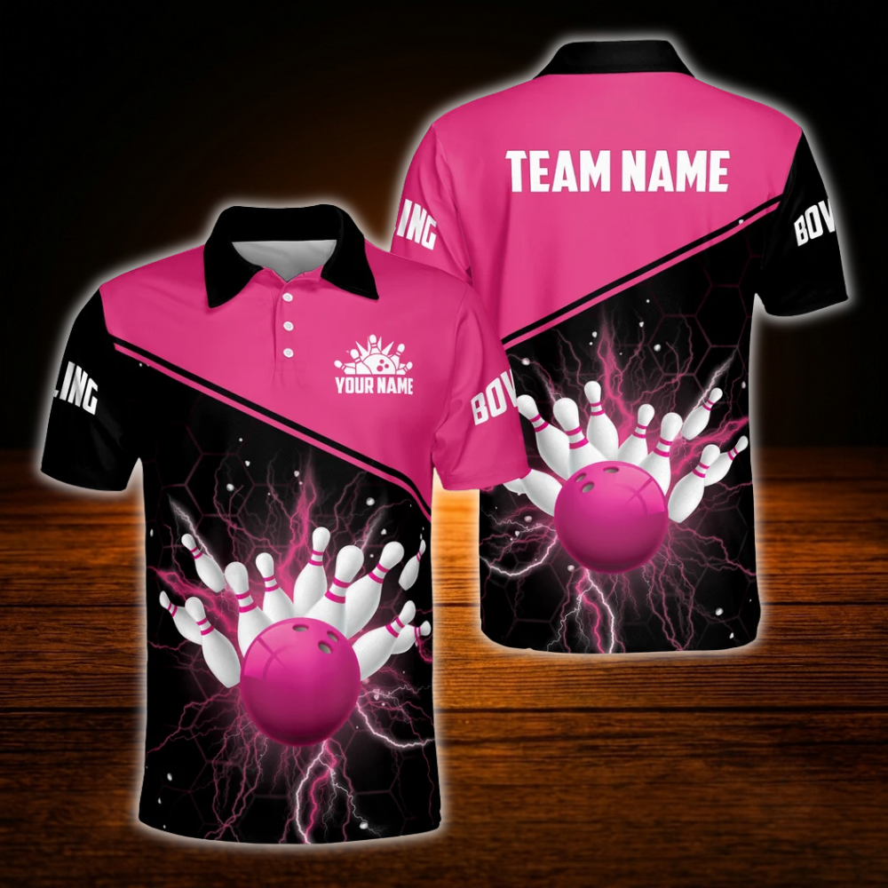 Custom Team Thunder Red Black Bowling Polo Shirts Men, Custom Bowling Team Shirts