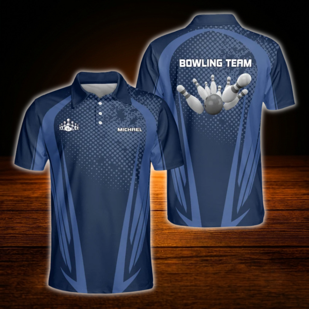 Custom Team Blue And White Mens Bowling Polo Shirts, Custom Team Bowling Shirts