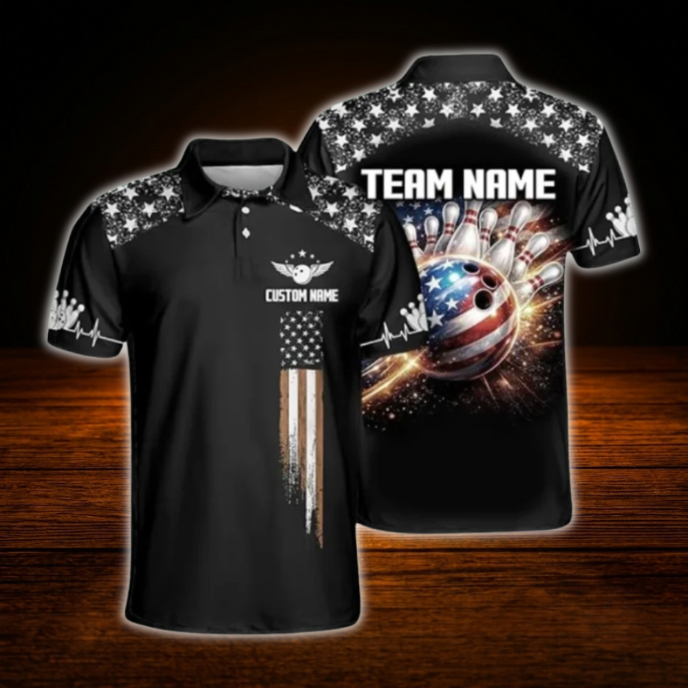 Custom American Flag Ball Polo Bowling Shirts For Men, Custom Patriotic Bowling Shirts Team