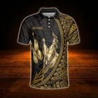 Custom Tribal Black And Gold Bowling Polo Shirts Mens, Custom Tribal Bowling Team Shirts.